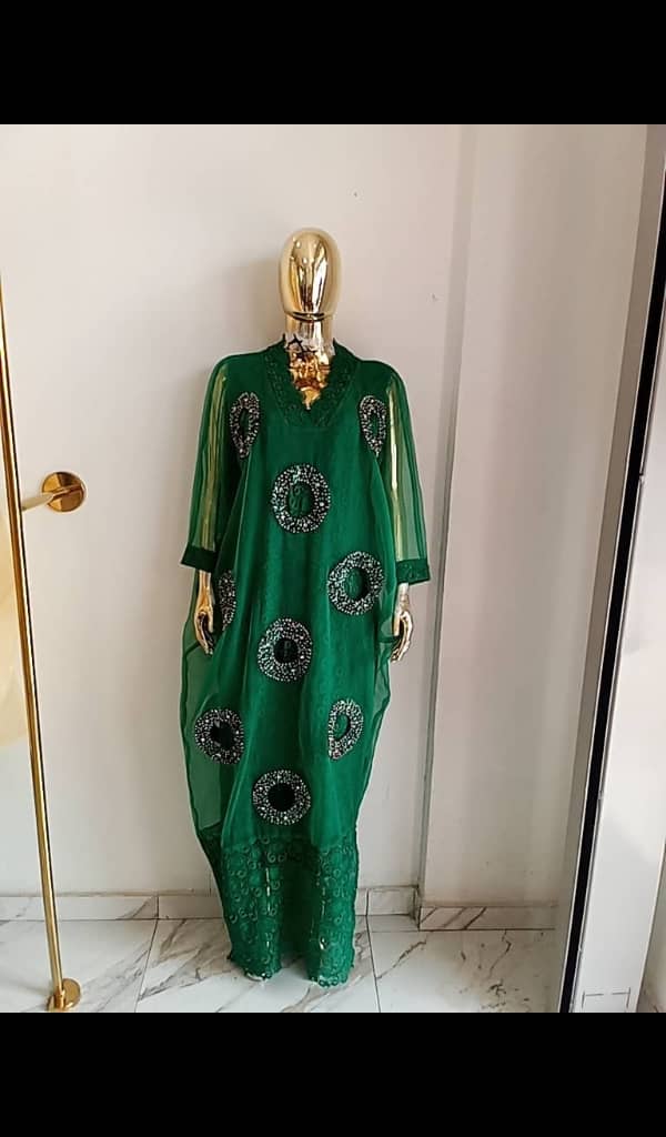 Organza kaftan gown with lace inner and circle Emb